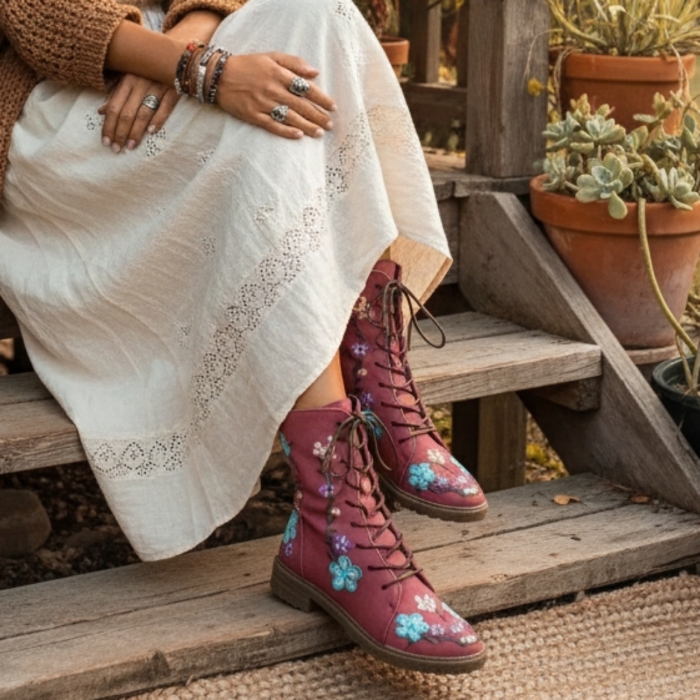 Embroidered Floral Round Toe Victorian-Inspired Block Heel Boots Lace-up Shoes